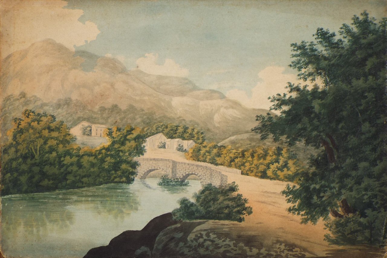 Watercolour - Landscape with mountains and bridge